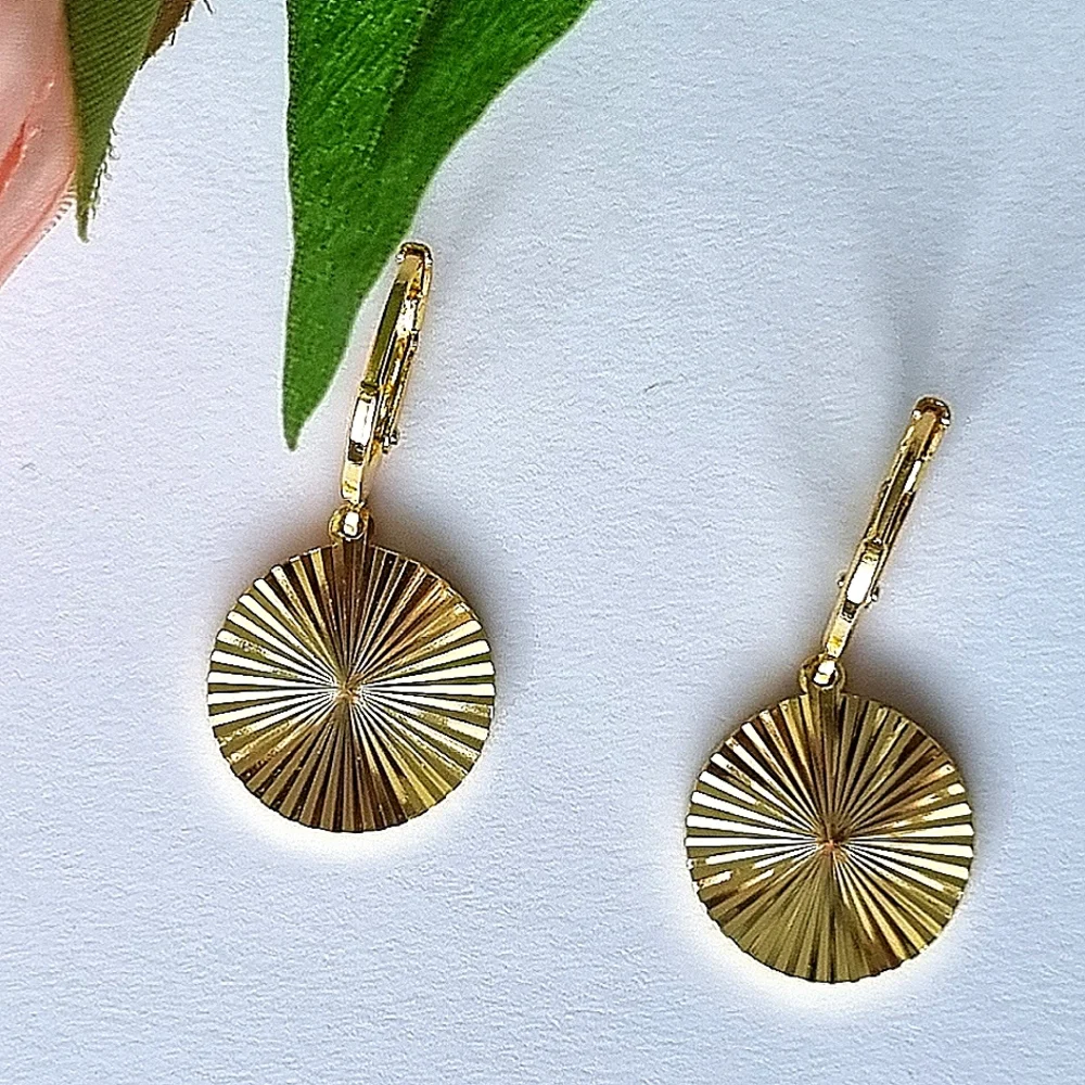 Earrings | Gold Toned | Round, Textured Sunburst | Huggies Hoop Drop Style. ๐ - Picture 4 of 16